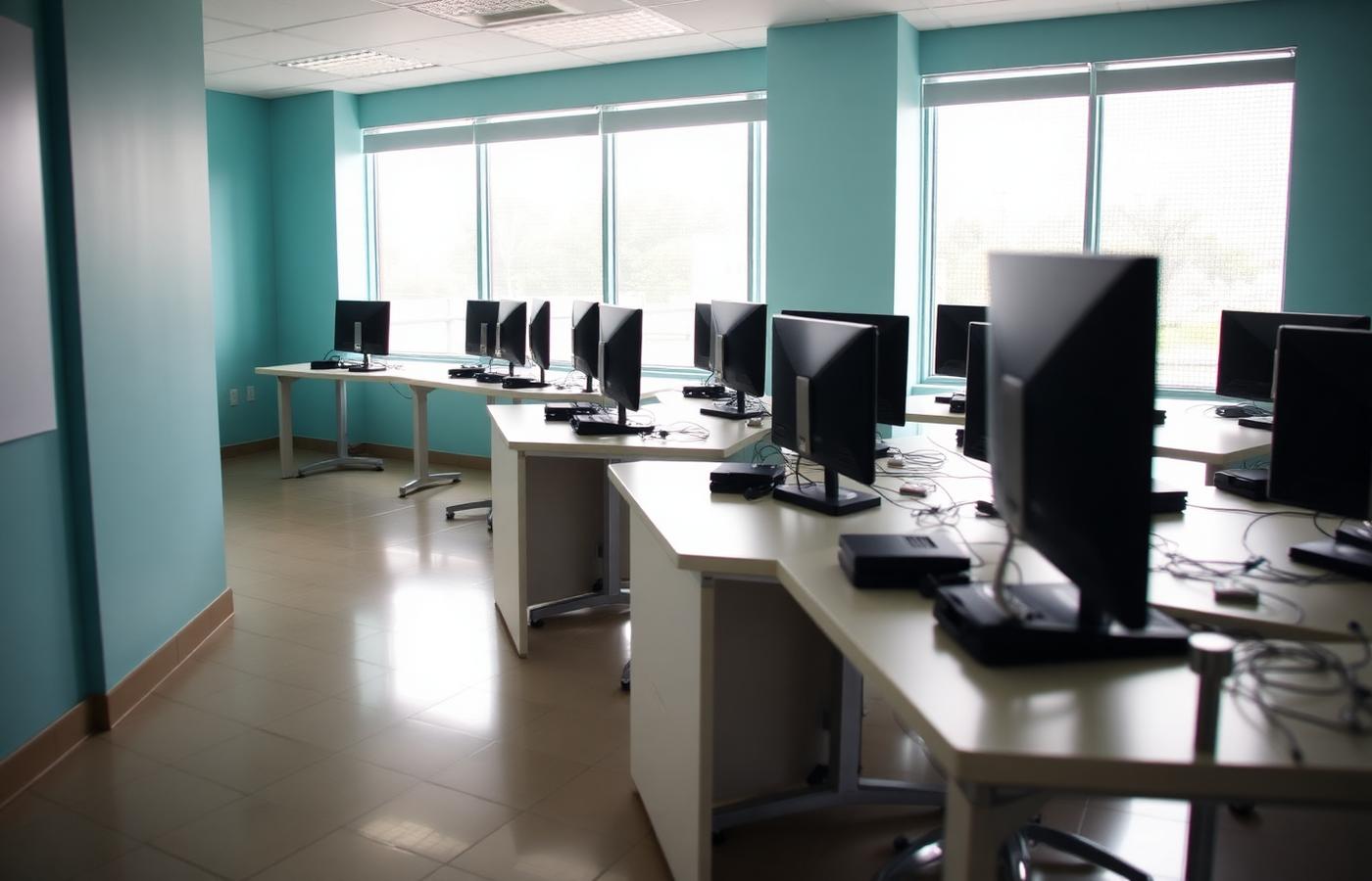 Computer-delivered IELTS practice lab with desks and monitors