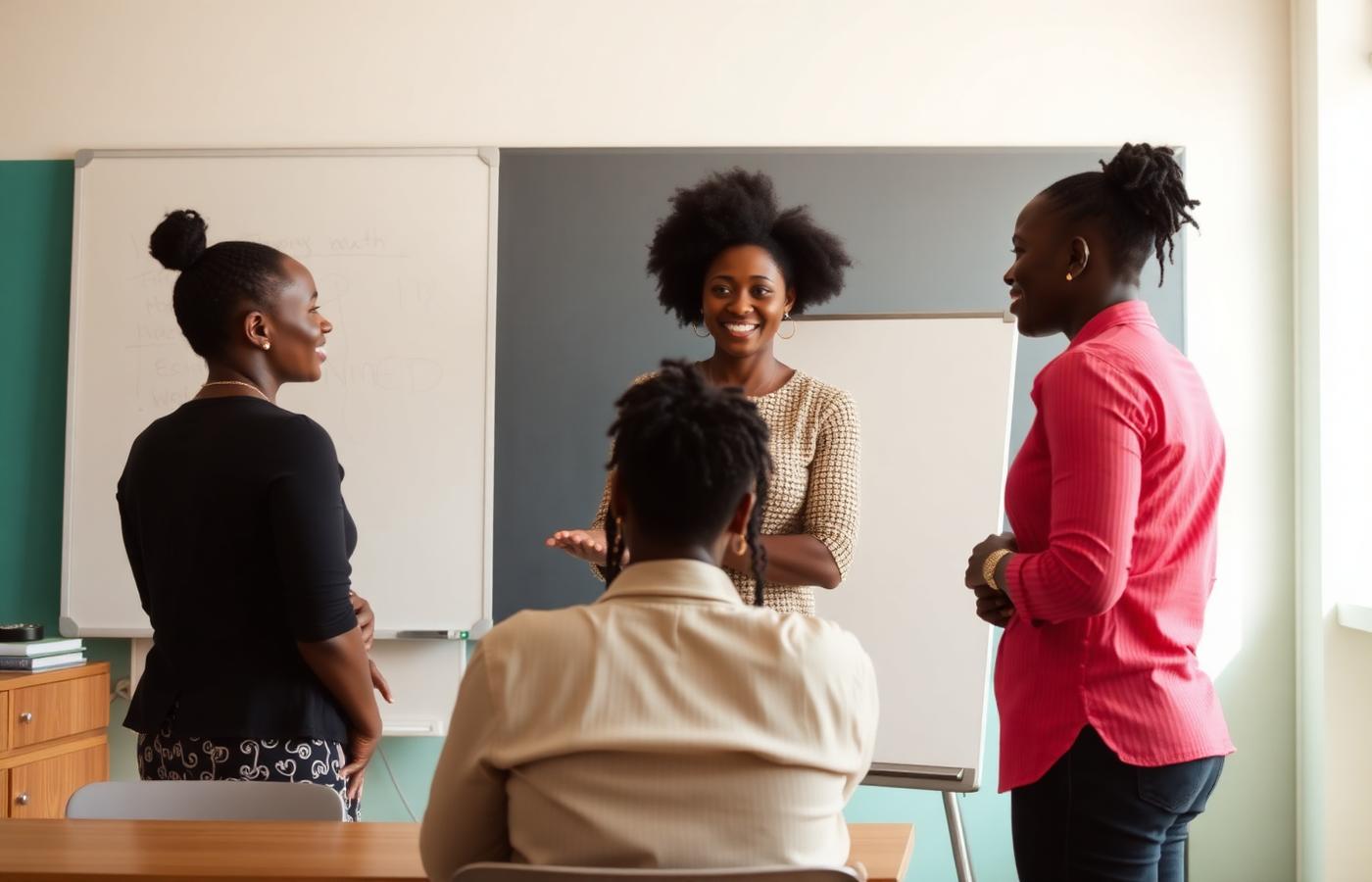 An IELTS tutor coaching adult students in a Nairobi classroom